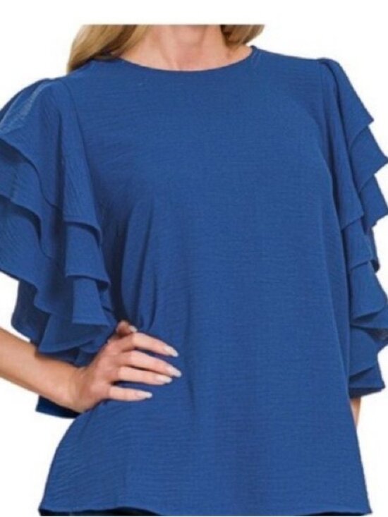 Tops - ⭐ Blue Ruffle Sleeve Blouse Flowy Lightweight Casual Chic Top - Medium (M)